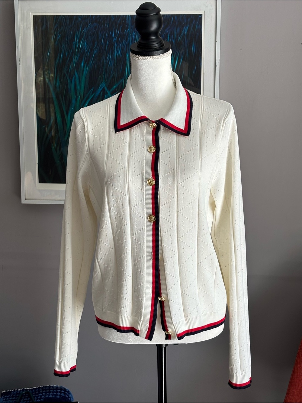 Aqua White Cardigan with Red & Navy Trim